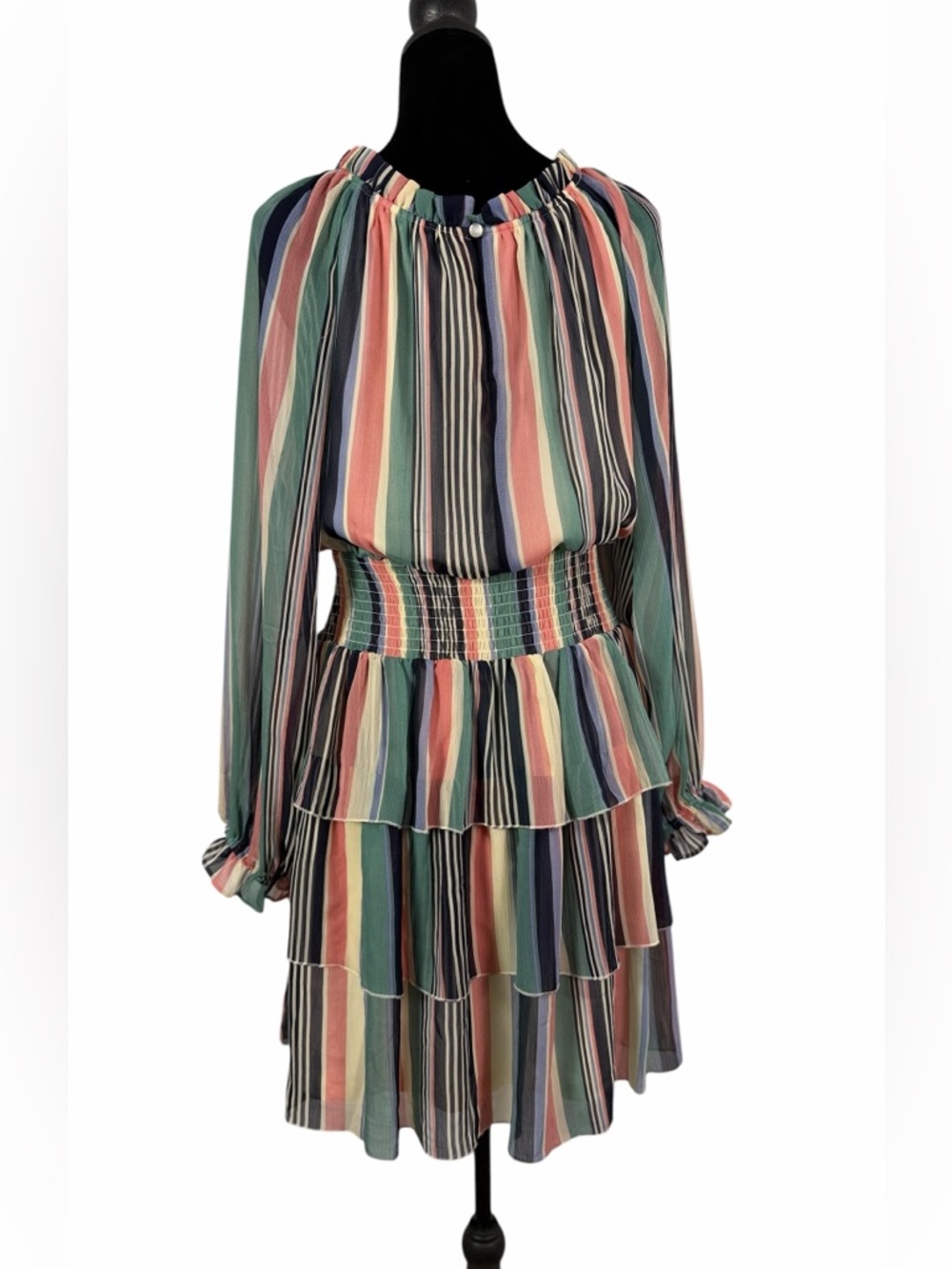 Cato EST. 1946 Striped Smock Waist Sheer Lined Tiered Dress Multi-Color Size M - Picture 4 of 9